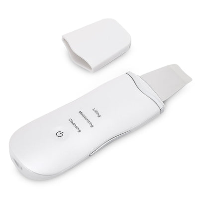 White ultrasonic facial cleansing instrument with detachable spatula head, compact handheld design, features lifting, moisturizing, and cleaning functions