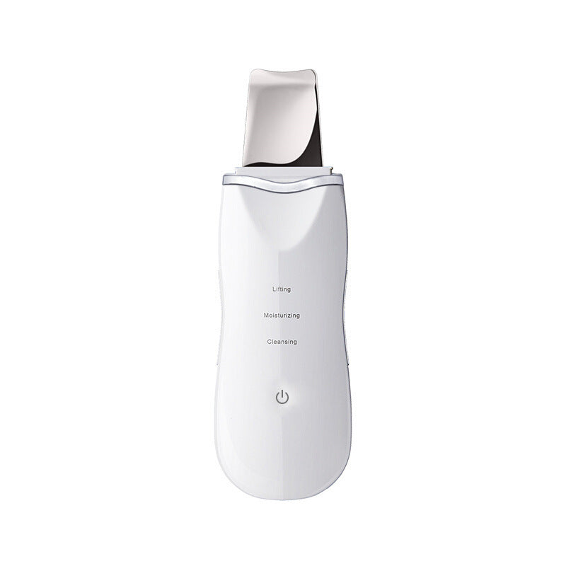 White ultrasonic peeling skin care beauty facial cleansing instrument with sleek ergonomic design, features lifting, moisturizing, and cleansing modes, compact handheld device