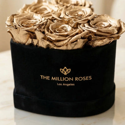 Gold roses in black box with gold logo, decorative dried flower arrangement for elegant home decor, SKU: 01112000149021