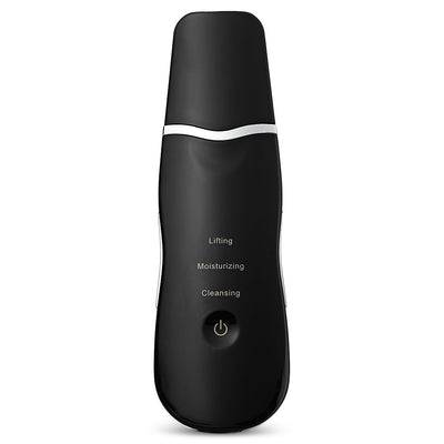 Black ultrasonic skin scrubber with ergonomic design, power button, and function labels, ideal for deep cleansing and skin lifting
