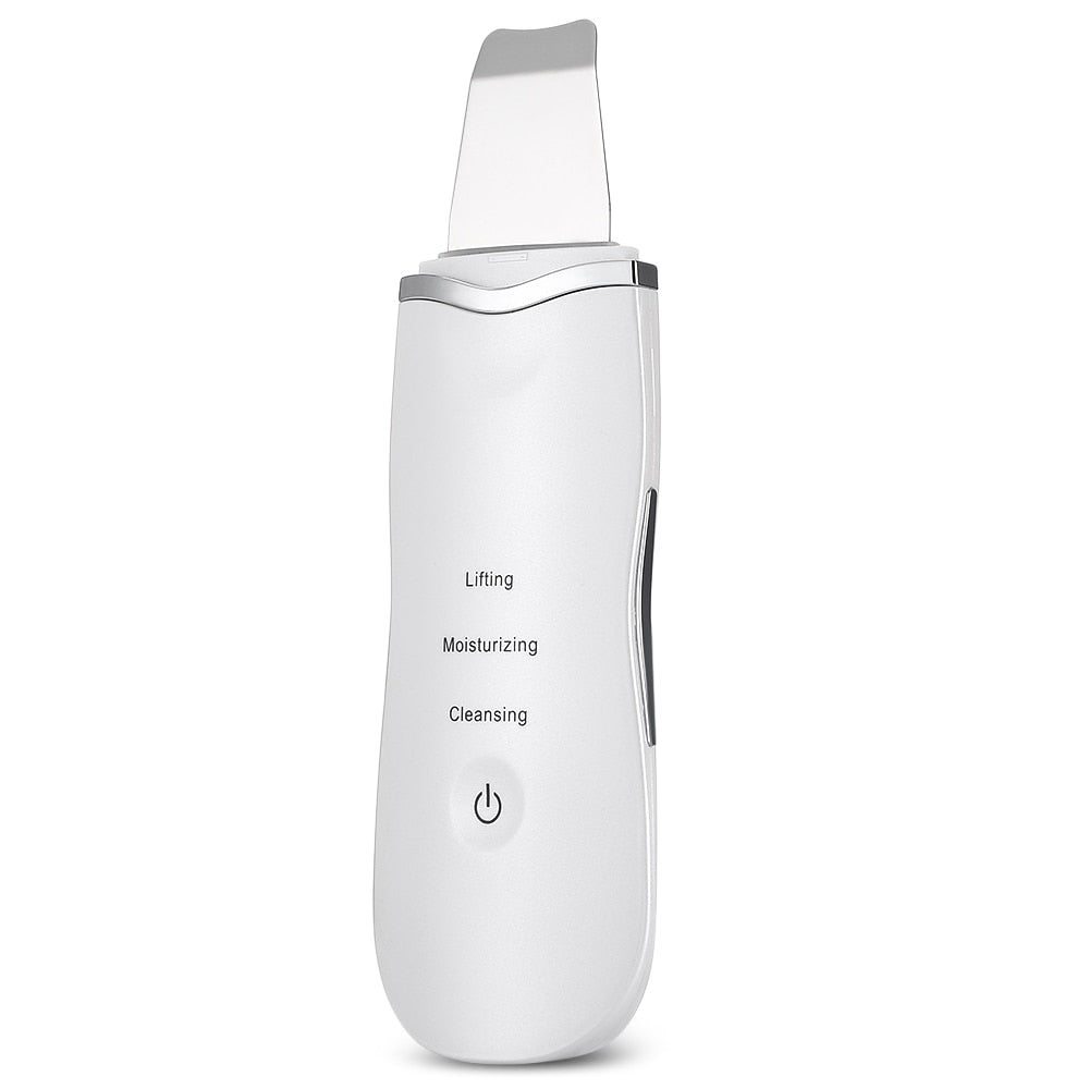 White ultrasonic peeling skin care device with sleek design, includes spatula head, features lifting, moisturizing, and cleaning functions