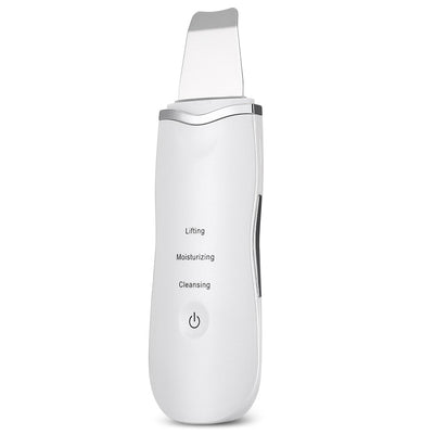 White ultrasonic peeling skin care device with sleek design, includes spatula head, features lifting, moisturizing, and cleaning functions