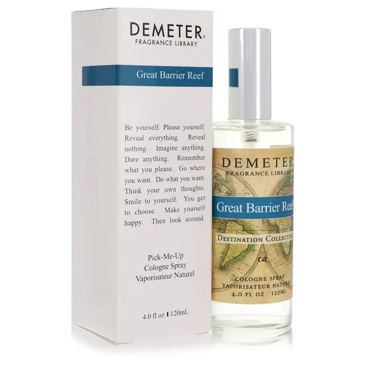 Close-up of Great Barrier Reef by Demeter perfume bottle with map design label and white cap, alongside white box packaging