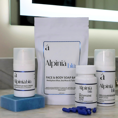 Methylene Blue and Red Light Therapy bundle with skincare products including face cream, soap bar, capsules, and lotion, in white and blue packaging
