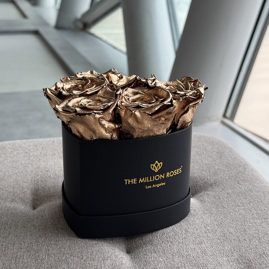 Gold roses in black box, decorative dried flower arrangement on table, perfect for luxury home decor, SKU: 01112000149021