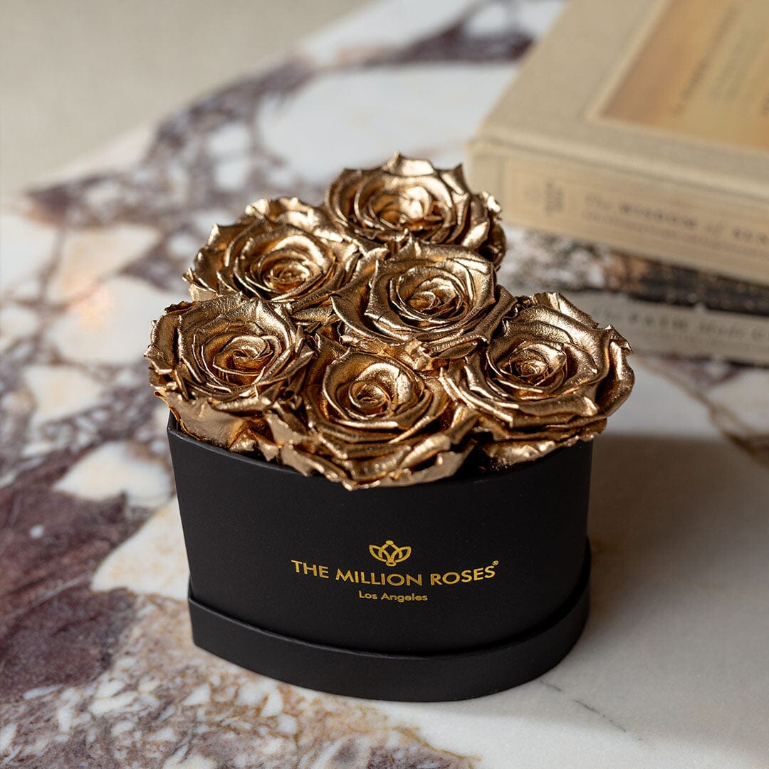 Gold roses in black box with gold logo, stylish preserved flower gift for special occasions, SKU: 01112000149021