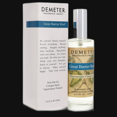 Silver fragrance bottle of Great Barrier Reef by Demeter perfume with a map-themed label, white cap, and white box packaging
